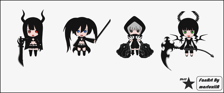 :d black_eyes black_gold_saw black_hair black_rock_shooter black_rock_shooter_(character) blue_eyes chibi dead_master demon_wings green_eyes highres hood horns katana king_saw multiple_girls open_mouth red_eyes scythe smile strength_(black_rock_shooter) sword twintails uneven_twintails weapon white_hair wings