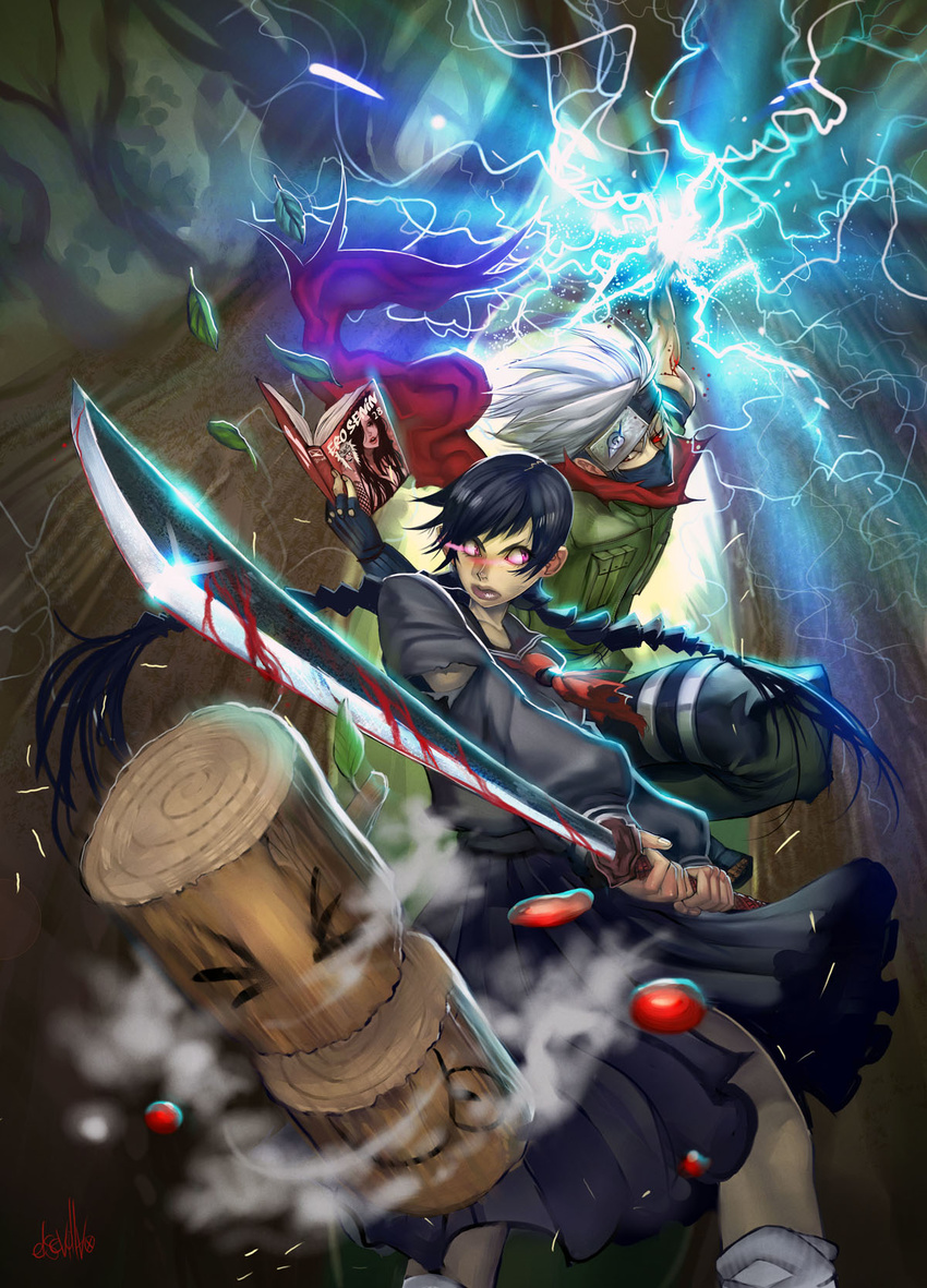 blood_the_last_vampire chidori crossover fight fighting hatake_kakashi highres katana magazine naruto ninja saya saya_(blood_the_last_vampire) sword weapon