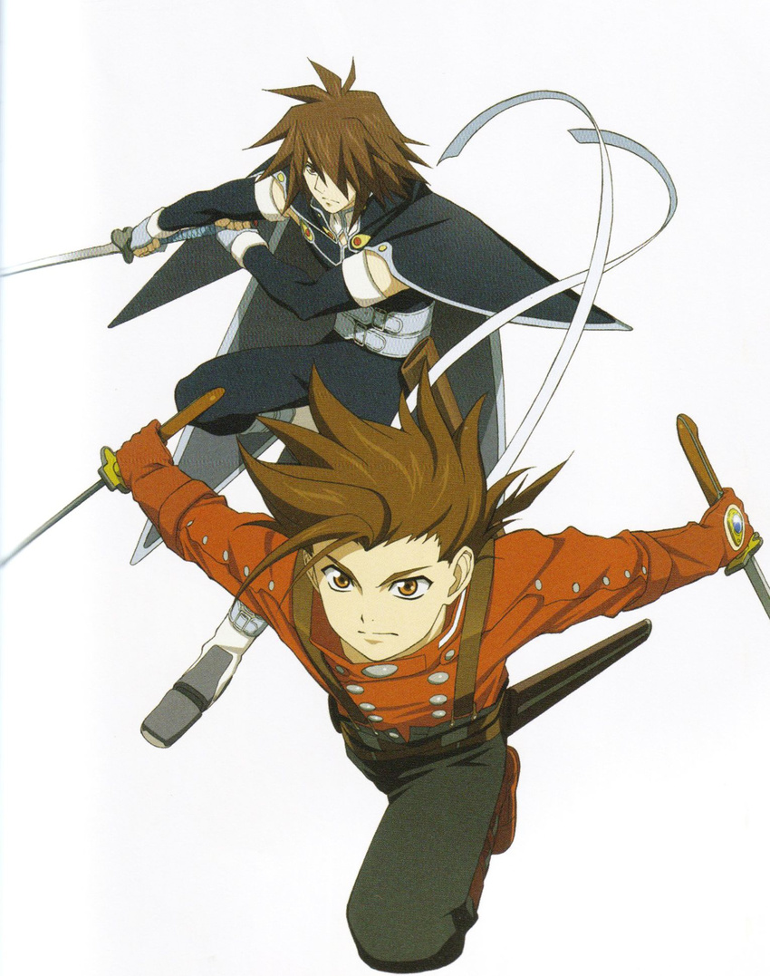 2boys age_difference artist_request belt bodysuit boots brown_eyes brown_hair buttons cape father_and_son fingerless_gloves full_body gloves hair_over_one_eye highres kratos_aurion lloyd_irving looking_at_viewer male male_focus multiple_boys official_art pants ribbon scan shoes short_hair simple_background spiked_hair spiky_hair suspenders sword tales_of_(series) tales_of_symphonia weapon