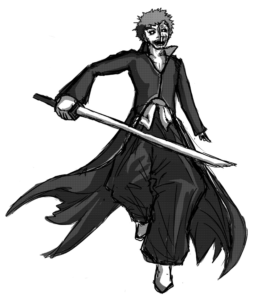 bankai bleach highres hollow_ichigo kurosaki_ichigo mask monochrome shirosaki_hichigo simple_background sketch sword weapon