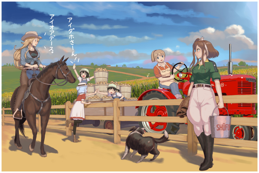 6+girls absurdres alternate_costume baseball_cap belt belt_buckle black_footwear black_hair blonde_hair blue_eyes blue_hair boots breast_pocket breeches brown_belt brown_footwear brown_hair buckle chaps cloud collarbone commentary_request cowboy_hat daitou_(kantai_collection) day denim dog enemy_lifebuoy_(kantai_collection) farm fence field front-tie_top gambier_bay_(kantai_collection) green_eyes green_jacket hat hiburi_(kantai_collection) highres horse intrepid_(kantai_collection) iowa_(kantai_collection) jacket jeans kaku_choushi kantai_collection multiple_girls overalls pants pocket ponytail riding saddle samuel_b._roberts_(kantai_collection) saratoga_(kantai_collection) shinkaisei-kan short_hair short_sleeves side_ponytail sidelocks sky smile tractor translation_request twintails white_hat