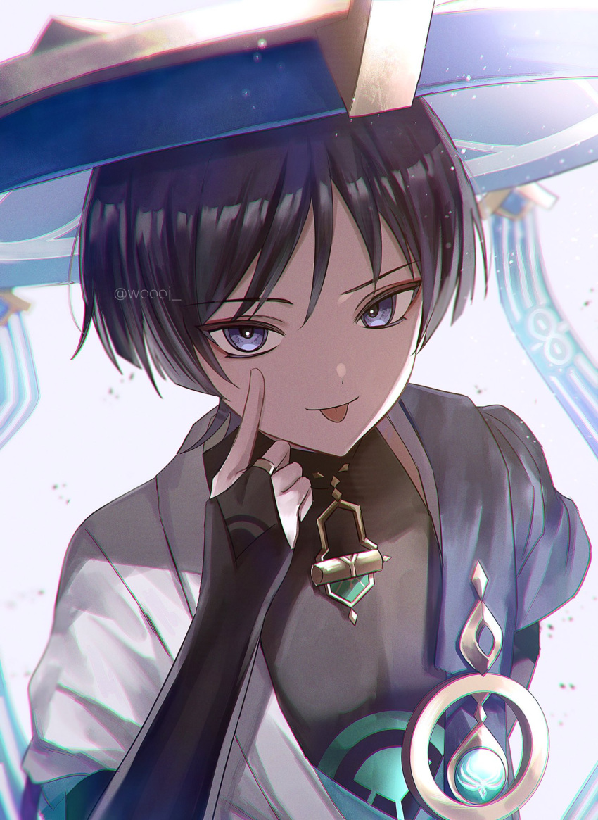 1boy akanbe bangs bishounen black_hair commentary detached_sleeves genshin_impact hair_between_eyes hat highres japanese_clothes jewelry jingasa looking_at_viewer male_focus purple_eyes scaramouche_(genshin_impact) short_hair signature simple_background smile solo symbol-only_commentary tongue tongue_out white_background woooi