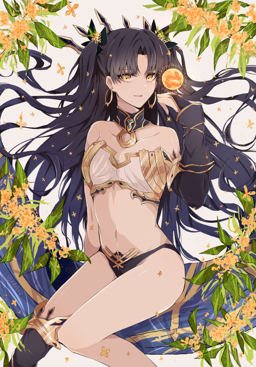 0825belle 1girl asymmetrical_bangs bangs bikini black_hair black_ribbon black_thighhighs breasts collarbone commentary detached_collar earrings fate/grand_order fate_(series) flower gold_osmanthus gold_trim hair_ribbon hand_up heavenly_boat_maanna highres hoop_earrings ishtar_(fate) jewelry long_hair looking_at_viewer mismatched_bikini navel osmanthus parted_lips revision ribbon single_thighhigh sitting small_breasts smile solo stomach swimsuit thighhighs tiara twintails yellow_eyes