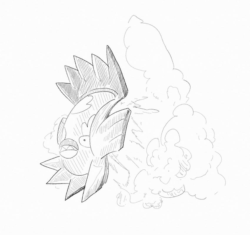 animal_focus commentary_request dust fish from_side galarian_stunfisk greyscale highres jumping monochrome munna_(pixiv_4032814) no_humans partial_commentary pokemon pokemon_(creature) sharp_teeth simple_background sketch solo teeth traditional_media white_background