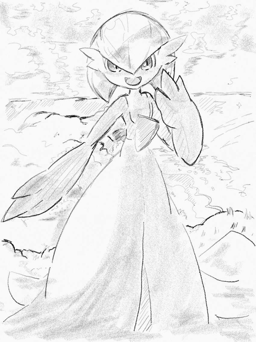 1girl bangs bob_cut cloud commentary_request flat_chest full_body gardevoir grey_background greyscale hair_between_eyes hand_up happy highres looking_at_viewer monochrome munna_(pixiv_4032814) open_mouth outdoors partial_commentary pokemon pokemon_(creature) short_hair sketch sky smile solo standing traditional_media