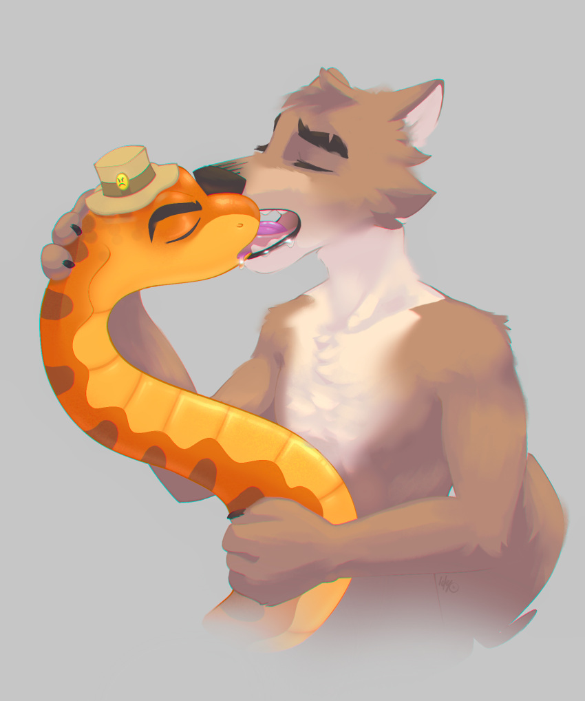 anthro bodily_fluids canid canine canis dreamworks drooling duo eyes_closed hi_res ickyfig kissing licking male male/male mammal mr._snake_(the_bad_guys) mr._wolf_(the_bad_guys) open_mouth reptile saliva scalie simple_background snake suggestive the_bad_guys tongue tongue_out wolf