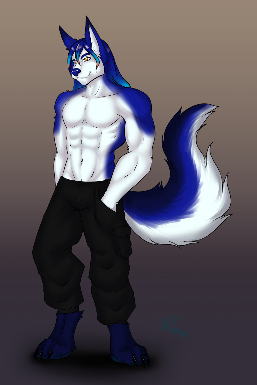 abs absurd_res anthro basian big_tail blue_body blue_fur blue_hair bottomwear canid canine canis cargo_pants clothing domestic_dog fur hair hand_in_pocket hands_in_both_pockets hi_res husky male mammal mizukithia muscular muscular_male nordic_sled_dog pants pockets solo spitz white_body white_fur yellow_eyes