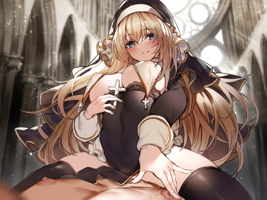 1boy 1girl bangs black_dress black_thighhighs blonde_hair blue_eyes blurry blurry_background blush breasts church closed_mouth covered_nipples cowgirl_position cross depth_of_field dress girl_on_top habit hetero highres holding holding_cross implied_sex ken_(coffee_michikusa) lace_trim large_breasts light_particles long_hair long_sleeves looking_at_viewer nipple_tweak nipples no_bra non-web_source nun original pelvic_curtain pov see-through sidelocks skindentation smile spread_legs straddling thighhighs thighs very_long_hair