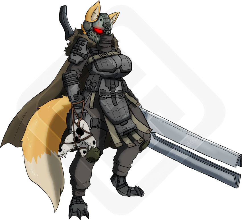 anthro armor armored_gloves big_breasts big_weapon bone breasts canid canine cape clothing diamond_grenadier eye_scar facial_scar female fluffy fluffy_tail fox fur glowing glowing_eyes gun headgear helmet hi_res knee_pads large_weapon machete mammal melee_weapon military_clothing military_helmet nicole_flynn_(bigppfox1) pouches ranged_weapon red_eyes rope scar scarf sheathed_weapon skull solo weapon yellow_body yellow_fur
