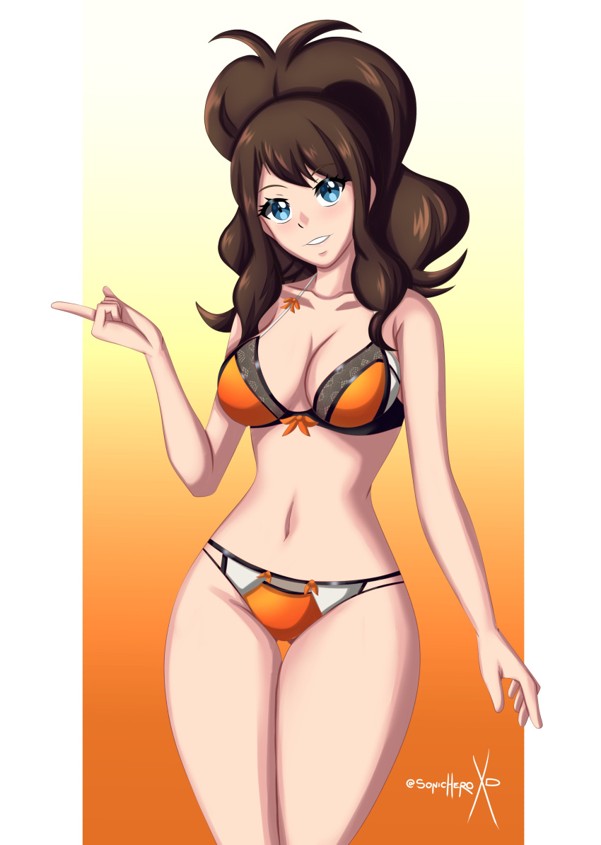 1girl absurdres bangs bikini blue_eyes brown_hair collarbone hand_up head_tilt high_ponytail highres hilda_(pokemon) long_hair looking_at_viewer navel parted pointing pokemon pokemon_(game) pokemon_bw sidelocks smile sonicheroxd swimsuit thigh_gap