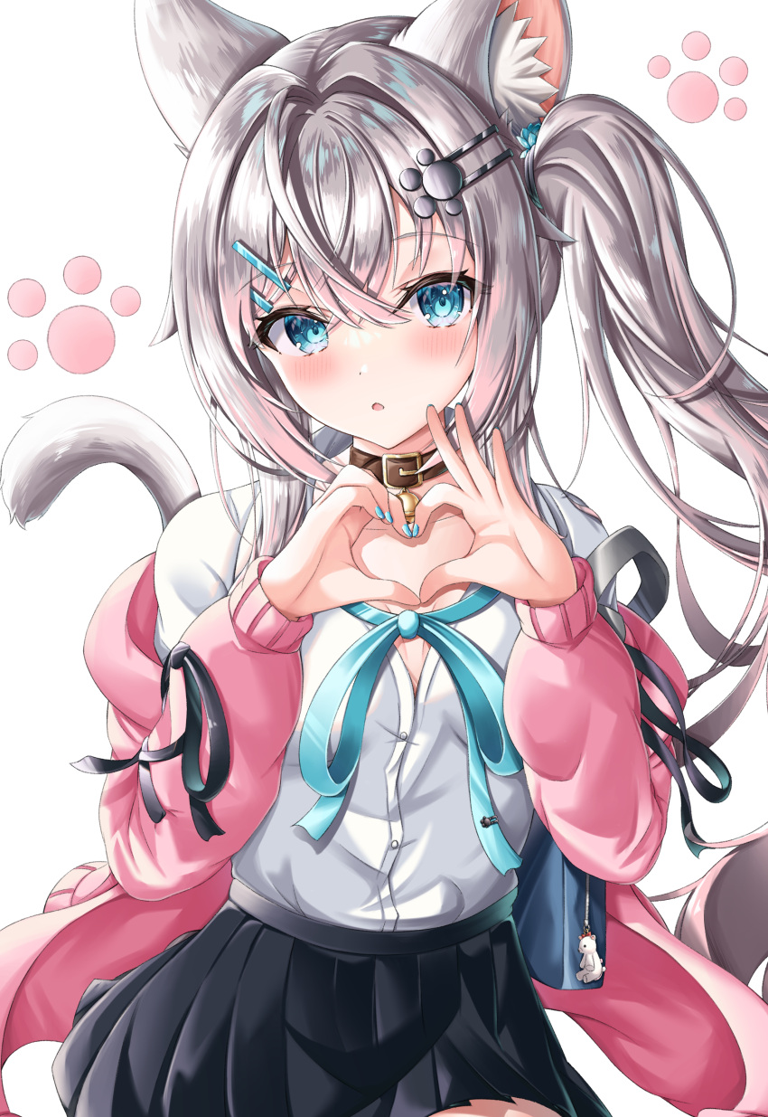 1girl :o absurdres animal_ear_fluff animal_ears bangs bell belt_collar black_ribbon black_skirt blue_bow blue_bowtie blue_eyes blue_nails blush bow bowtie breasts cat_ears cat_girl cat_tail cleavage collar grey_hair hair_between_eyes hair_intakes hair_ornament hair_strand hairclip hands_up heart heart_hands highres hood hoodie long_hair long_sleeves looking_at_viewer miniskirt nail_polish neck_bell nekoya_minamo off_shoulder open_clothes open_hoodie original paw_hair_ornament paw_print paw_print_background pink_hoodie pleated_skirt revision ribbon shirt side_ponytail simple_background skirt solo tail tail_raised uniform upper_body white_background white_shirt