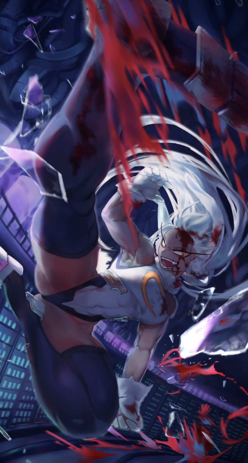 1girl absurdres animal_ears armpits bare_shoulders blood blood_in_hair blood_on_clothes blood_on_face blood_splatter blurry blurry_foreground boku_no_hero_academia breasts broken_glass covered_abs covered_navel crescent_print dark-skinned_female dark_skin flying_kick full_body fur_collar glass gloves highleg highleg_leotard highres indoors kicking large_breasts leotard long_eyelashes long_hair looking_at_viewer midair mirko muscular muscular_female open_mouth purple_thighhighs rabbit_ears rabbit_girl rabbit_tail red_eyes sleeveless_turtleneck_leotard smile solo tail taut_leotard teeth thick_thighs thighhighs thighs very_long_hair white_gloves white_hair white_leotard yamamayuga472