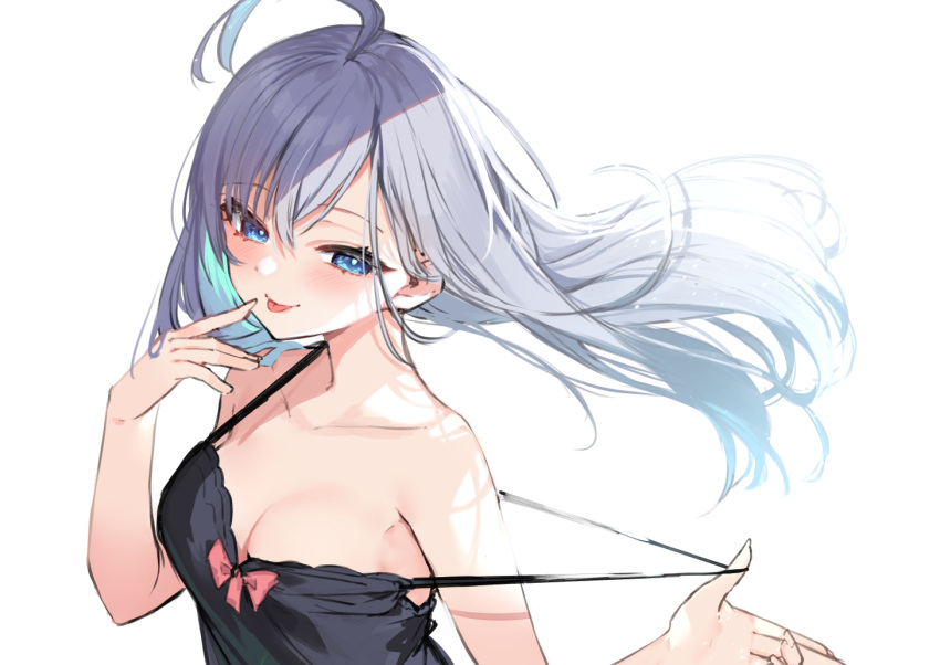 1girl bangs blue_eyes blurry blurry_background blush breasts cleavage commentary_request grey_hair hand_on_own_face long_hair looking_away mizuiro_raika original shadow simple_background small_breasts smile solo strap_pull teasing tongue tongue_out upper_body white_background white_hair