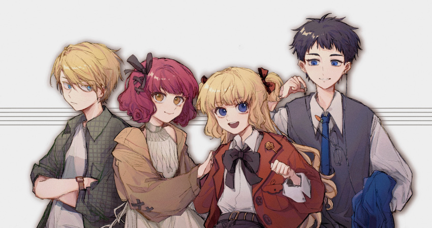 2boys 2girls absurdres bangs belt black_hair black_ribbon blonde_hair blue_eyes blue_necktie blunt_bangs bow brown_jacket casual child chonglu174 coat emilico_(shadows_house) hair_bow hair_ribbon highres jacket long_hair long_sleeves looking_at_viewer lou_(shadows_house) multiple_boys multiple_girls necktie open_clothes open_coat open_mouth red_bow red_jacket ribbon ricky_(shadows_house) shadows_house shaun_(shadows_house) shirt short_hair smile two_side_up upper_body white_shirt