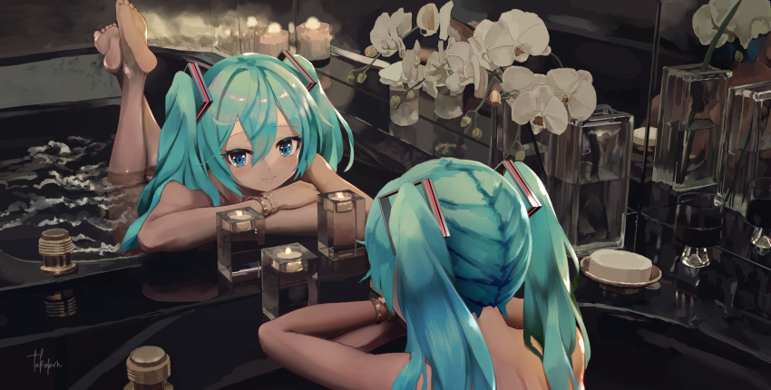 1girl aqua_eyes aqua_hair bangs bathing bathtub bracelet commentary completely_nude english_commentary feet_up flower hair_ornament hatsune_miku headset highres jewelry light_smile long_hair looking_at_viewer mirror_image nude orchid partially_submerged revision soap soles takepon1123 twintails vase very_long_hair vocaloid watch water white_flower wristwatch