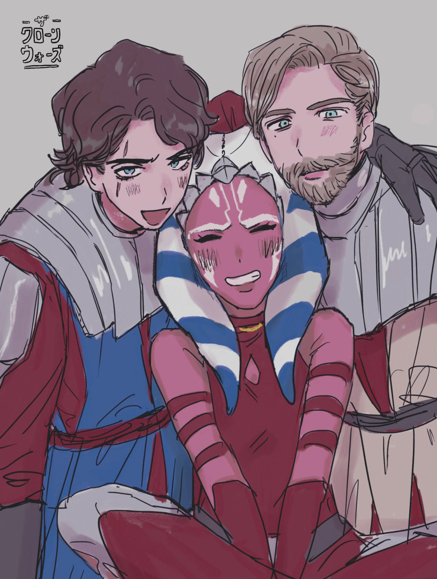 1girl 2boys ahsoka_tano anakin_skywalker animification beard closed_eyes facial_hair grey_background highres mole mole_under_eye multiple_boys obi-wan_kenobi scar scar_across_eye simple_background smile star_wars star_wars:_the_clone_wars tentacle_hair urako_(iamurako)