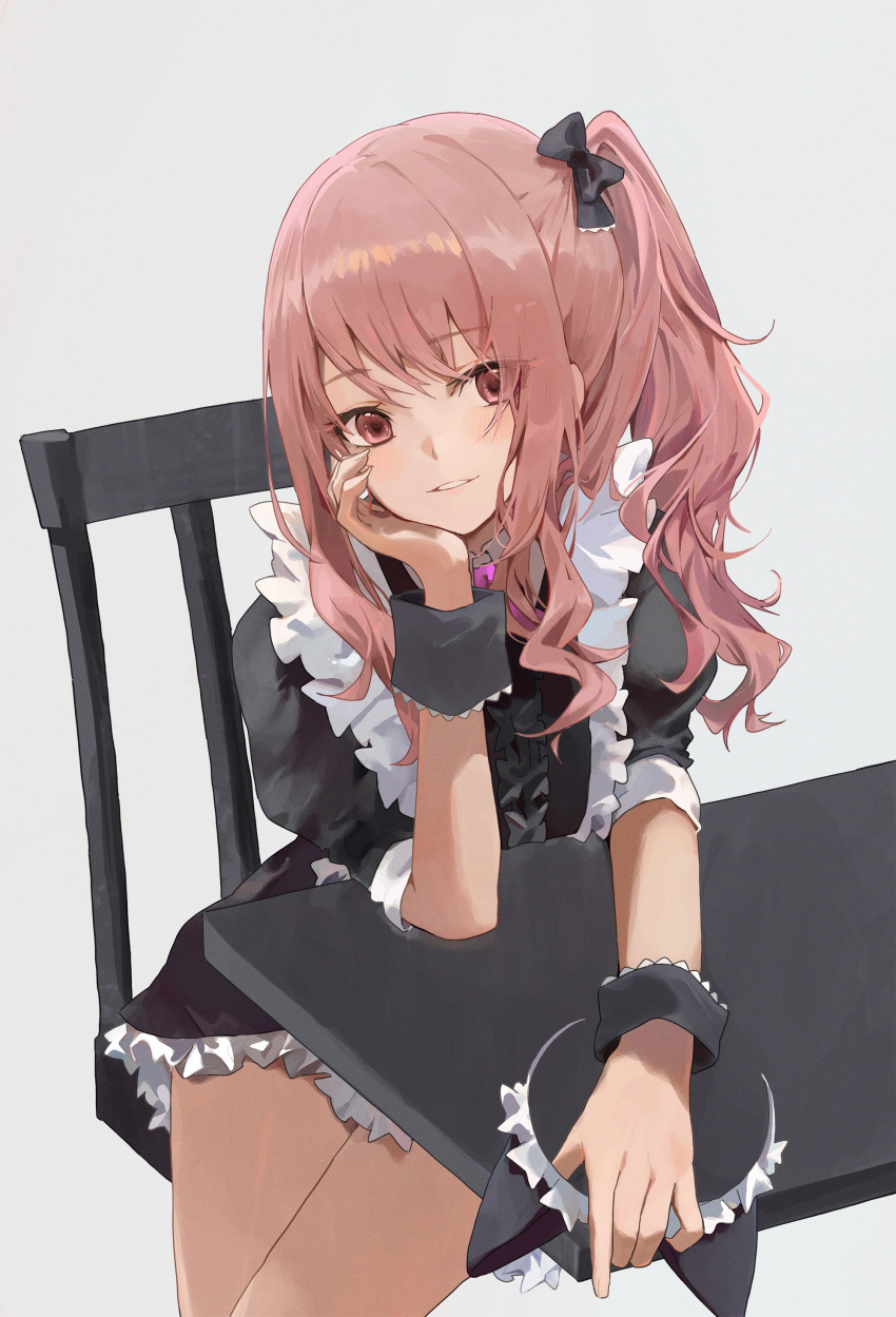 1girl 25-ji_night_code_de._(project_sekai) absurdres akiyama_mizuki animal_ears bangs black_bow bow chair cowboy_shot dot_nose fake_animal_ears frilled_skirt frills grin hair_bow hair_ornament hand_on_own_face highres holding long_bangs long_hair outstretched_arm pink_eyes pink_hair project_sekai shadow short_sleeves side_ponytail simple_background sitting skirt smile solo table thighs tomura2maru white_background wrist_cuffs