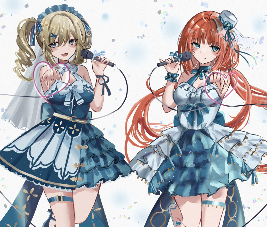 2girls alternate_costume bangs barbara_(genshin_impact) bare_shoulders blonde_hair breasts brooch choker dress drill_hair frilled_dress frills genshin_impact halter_dress halterneck hat hat_ribbon headdress highres holding holding_microphone jewelry long_hair looking_at_viewer microphone mini_hat multiple_girls nilou_(genshin_impact) pointing pointing_at_viewer red_hair ribbon short_twintails small_breasts smile thigh_strap twin_drills twintails very_long_hair yusura_xxx