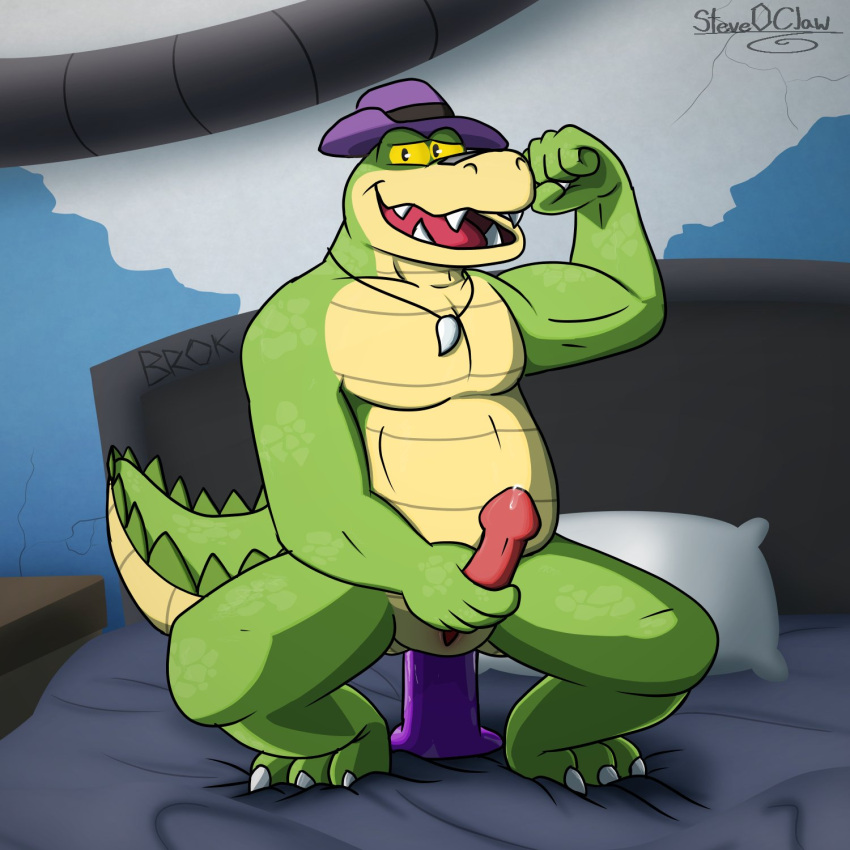 2022 alligator alligatorid anal anal_masturbation anthro bed brok_(character) brok_the_investigator clothing crocodilian detailed_background erection furniture genitals green_body hat headgear headwear hi_res humanoid_hands inside male masturbation penis pillow reptile scalie slightly_chubby slit solo steveemeraldclaw video_games