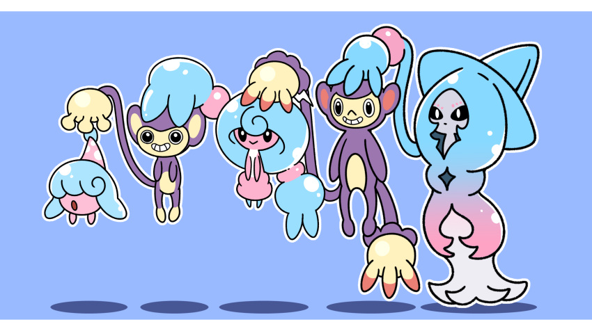 :&gt; :o aipom ambipom carrying commentary evolutionary_line fukidashi_cotton hatenna hatterene hattrem highres no_humans pokemon pokemon_(creature) prehensile_tail shadow smile tail trait_connection