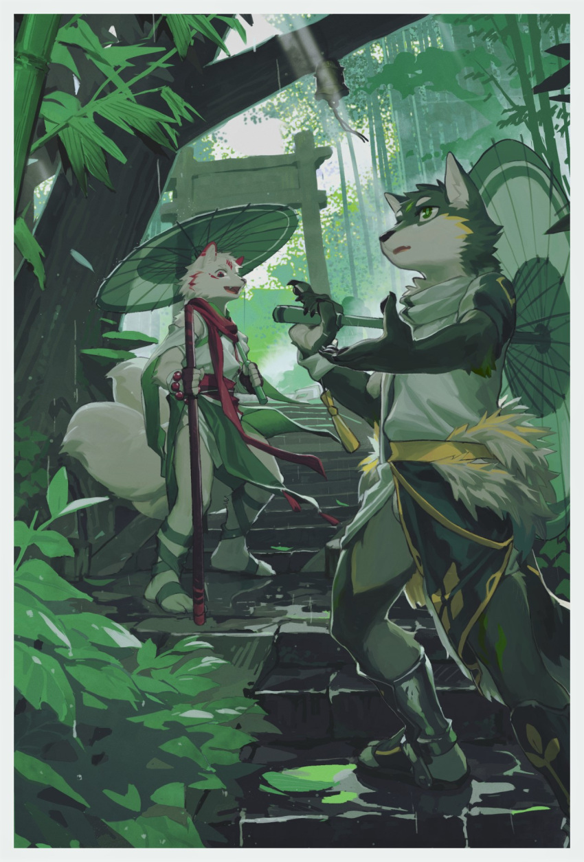2022 anthro asian_clothing canid canine clothed clothing detailed_background duo east_asian_clothing footwear hi_res japanese_clothing jungle juo1 male mammal plantigrade raining standing umbrella