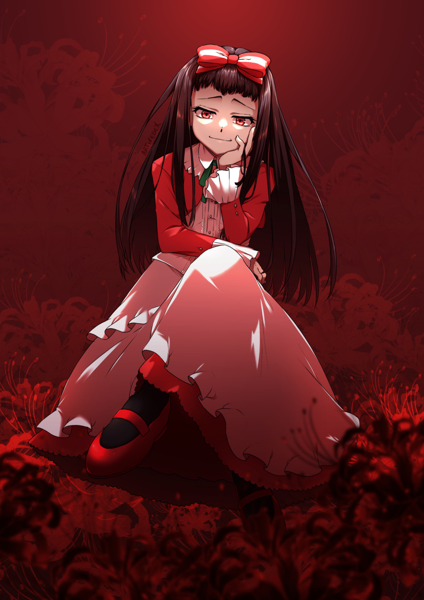 1girl absurdres artifedex black_hair black_socks bow dress floral_background flower hair_bow hand_on_own_cheek hand_on_own_face higanbana_(higanbana_no_saku_yoru_ni) higanbana_no_saku_yoru_ni highres long_hair long_skirt long_sleeves red_background red_eyes red_footwear ribbon sitting skirt smile socks solo spider_lily