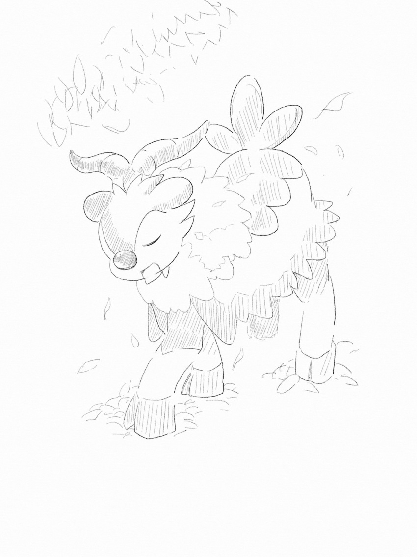 animal_focus closed_eyes commentary_request full_body fur_collar goat greyscale highres leaf monochrome munna_(pixiv_4032814) no_humans open_mouth partial_commentary pokemon pokemon_(creature) sideways_mouth simple_background sketch skiddo solo standing traditional_media u_u white_background