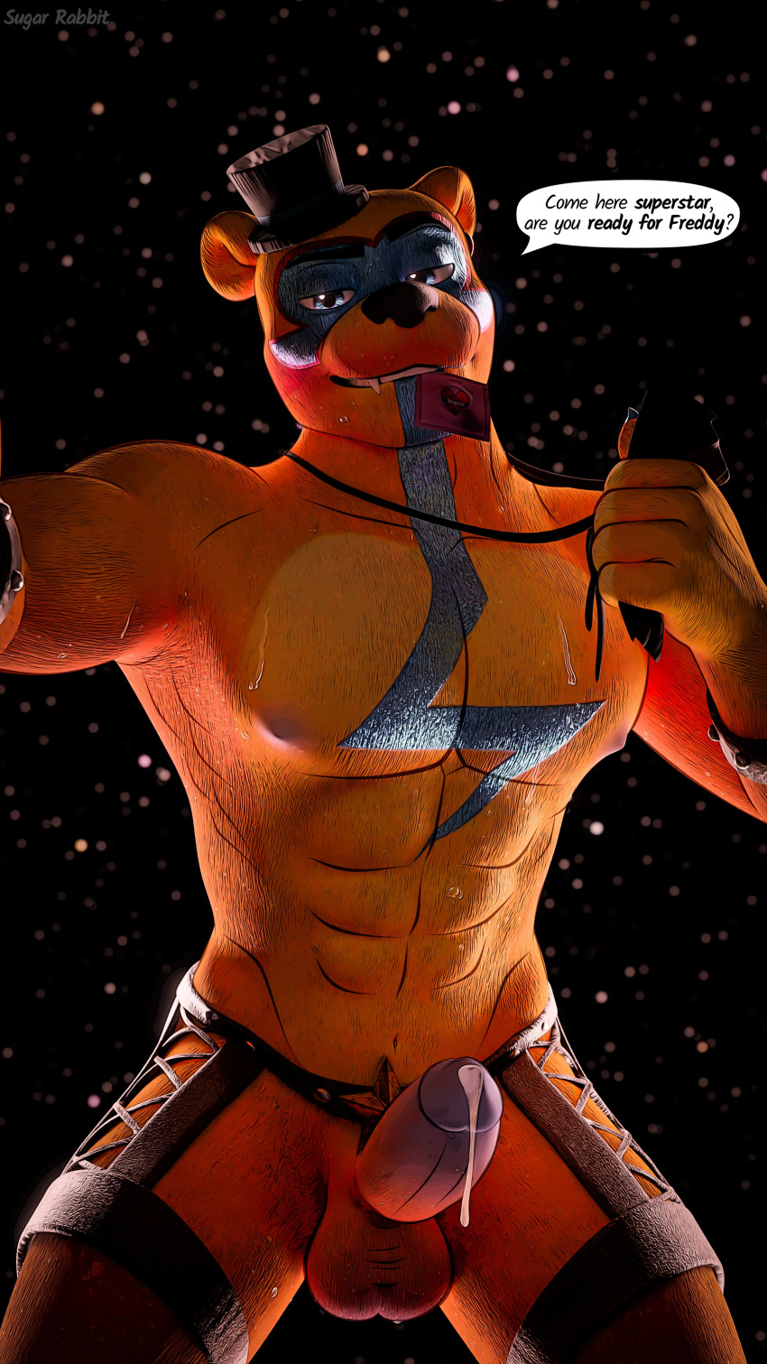 3d_(artwork) abs absurd_res ambiguous_gender ambiguous_pov anthro areola athletic athletic_anthro athletic_male balls bodily_fluids bodypaint bottom_pov brown_body brown_fur clothing condom condom_in_mouth dialogue digital_media_(artwork) english_text erection eyebrows face_paint first_person_view five_nights_at_freddy's five_nights_at_freddy's:_security_breach fur genital_fluids genitals glamrock_freddy_(fnaf) glistening glistening_eyes hat headgear headwear hi_res humanoid_genitalia humanoid_penis male mammal navel nipples pecs penis precum scottgames sexual_barrier_device smile solo speech_bubble submissive submissive_pov sugarrabbit sweat talking_to_viewer teeth text top_hat undressing ursid video_games