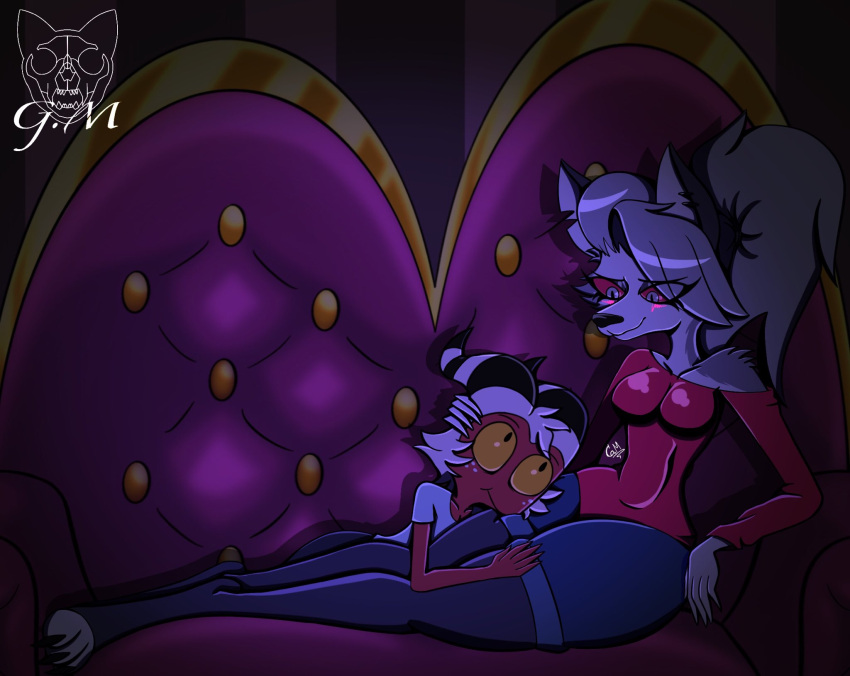 anthro black_body black_fur blush breasts canid canid_demon claws clothed clothing demon demon_humanoid detailed_background duo female fur furniture gatojack3 grey_body grey_fur grey_hair hair hellhound helluva_boss hi_res horn humanoid humanoid_on_anthro imp loona_(helluva_boss) male male/female mammal moxxie_(helluva_boss) on_sofa red_body smile sofa thick_thighs white_hair yellow_eyes
