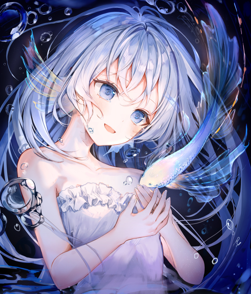 1girl :d air_bubble animal bangs bare_arms bare_shoulders blue_eyes blue_hair blush bubble collarbone commentary_request dress fish frilled_dress frills hair_between_eyes hands_up head_fins head_tilt highres kouyafu long_hair open_mouth original revision smile solo strapless strapless_dress tears transparent twitter_username underwater upper_body water white_dress