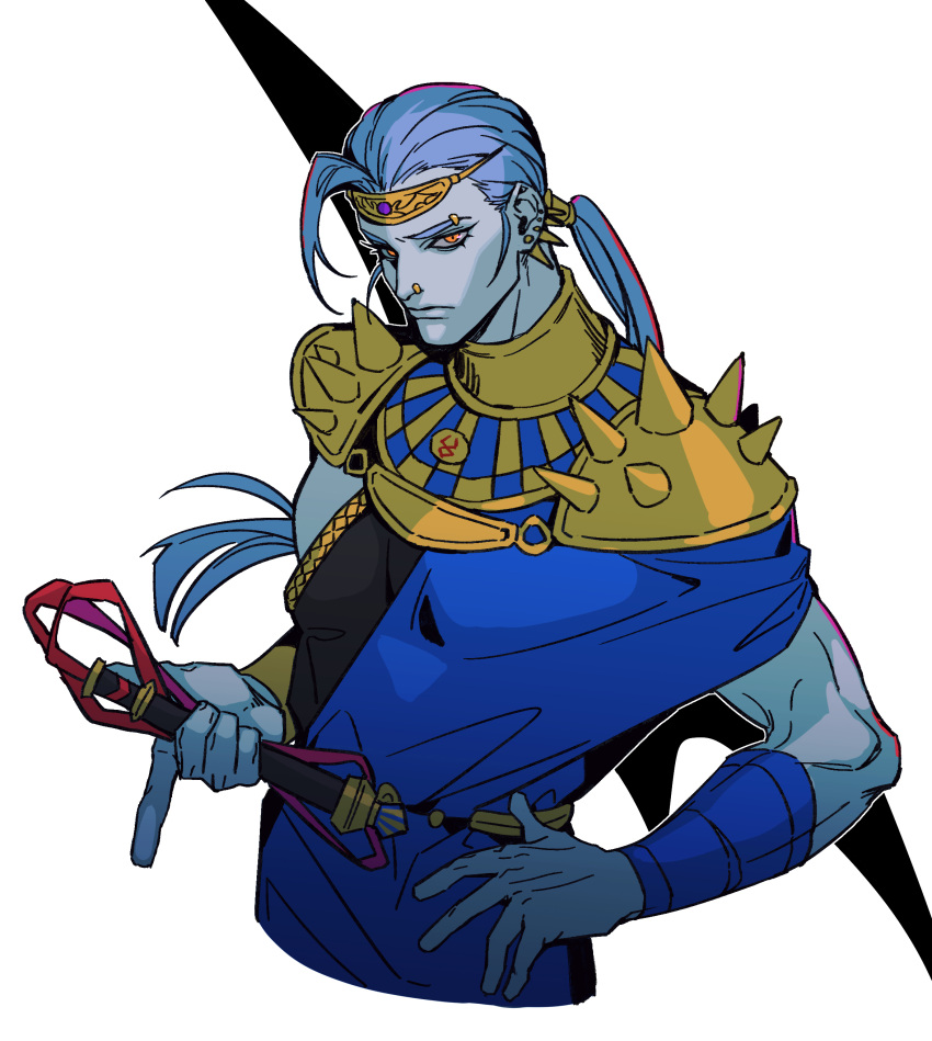 1boy absurdres armor blue_hair blue_skin chromatic_aberration colored_skin expressionless fan_mu_zhang greek_clothes hades_(game) hand_on_hip highres holding holding_whip long_hair looking_at_viewer male_focus megaera_(hades) orange_eyes ponytail shoulder_armor solo upper_body weapon