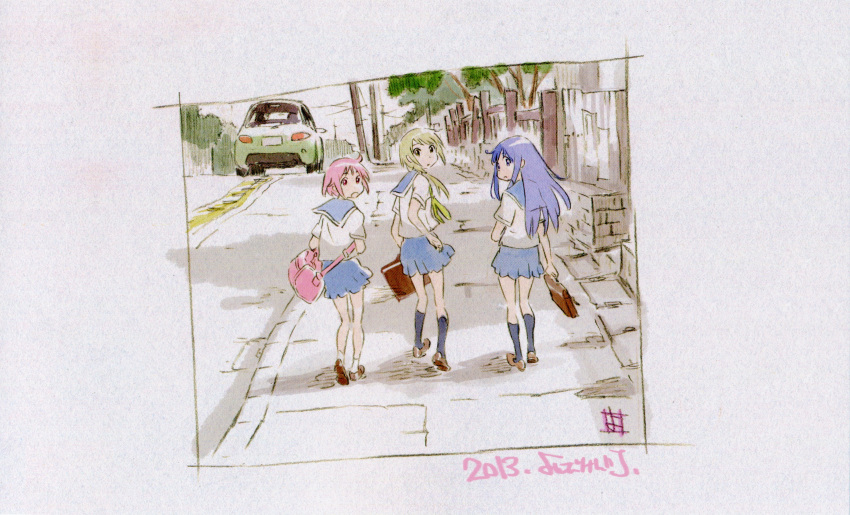 3girls absurdres bag blonde_hair car end_card ground_vehicle highres hinata_yukari ichii_yui looking_back motor_vehicle multiple_girls non-web_source nonohara_yuzuko official_art pink_eyes pink_hair purple_eyes road school_bag school_briefcase school_uniform sidewalk street walking yellow_eyes yoshida_ken'ichi yuyushiki