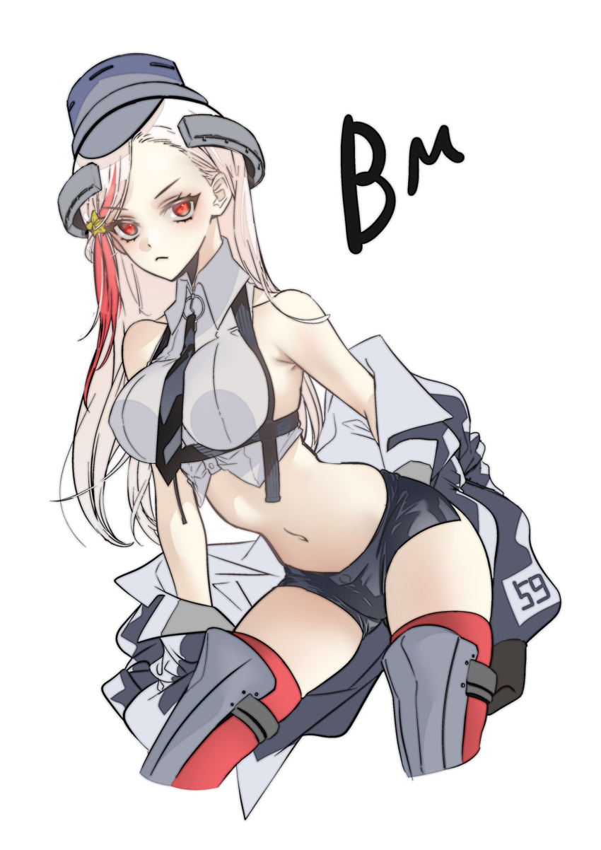 1girl anno88888 armored_boots bare_shoulders black_necktie boots breasts closed_mouth crop_top cropped_legs headgear highres jacket kantai_collection large_breasts long_hair looking_at_viewer massachusetts_(kancolle) medal midriff multicolored_hair necktie open_clothes open_jacket red_eyes red_hair red_thighhighs short_shorts shorts signature simple_background solo streaked_hair thigh_boots thighhighs white_background white_hair