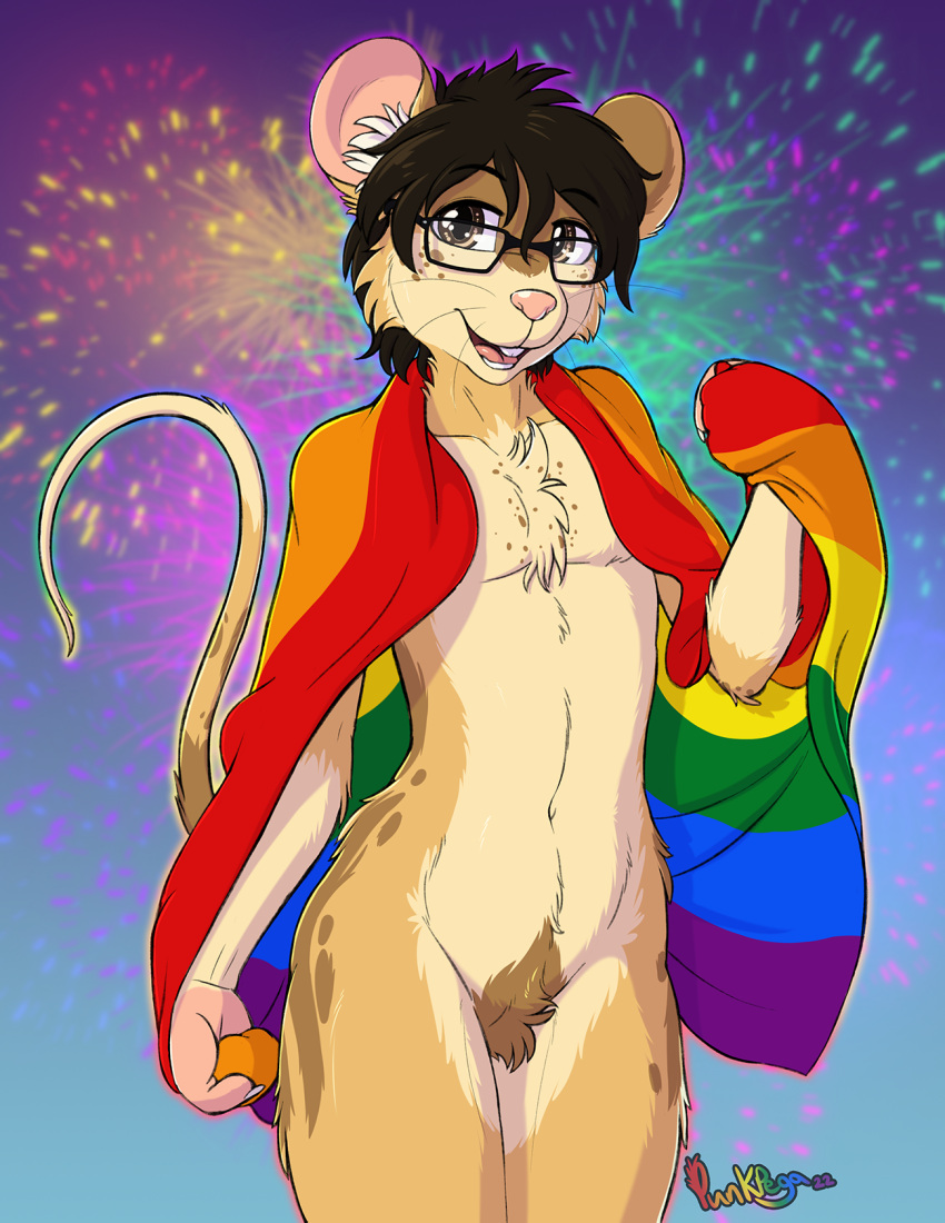 anthro brown_body brown_eyes brown_fur crotch_tuft eyewear fireworks flag fur girly glasses hi_res lgbt_history_month lgbt_pride male mammal mouse murid murine open_mouth pega_(punkpega) punk-pegasus rainbow_pride_colors rodent solo spots tuft whiskers yellow_body yellow_fur