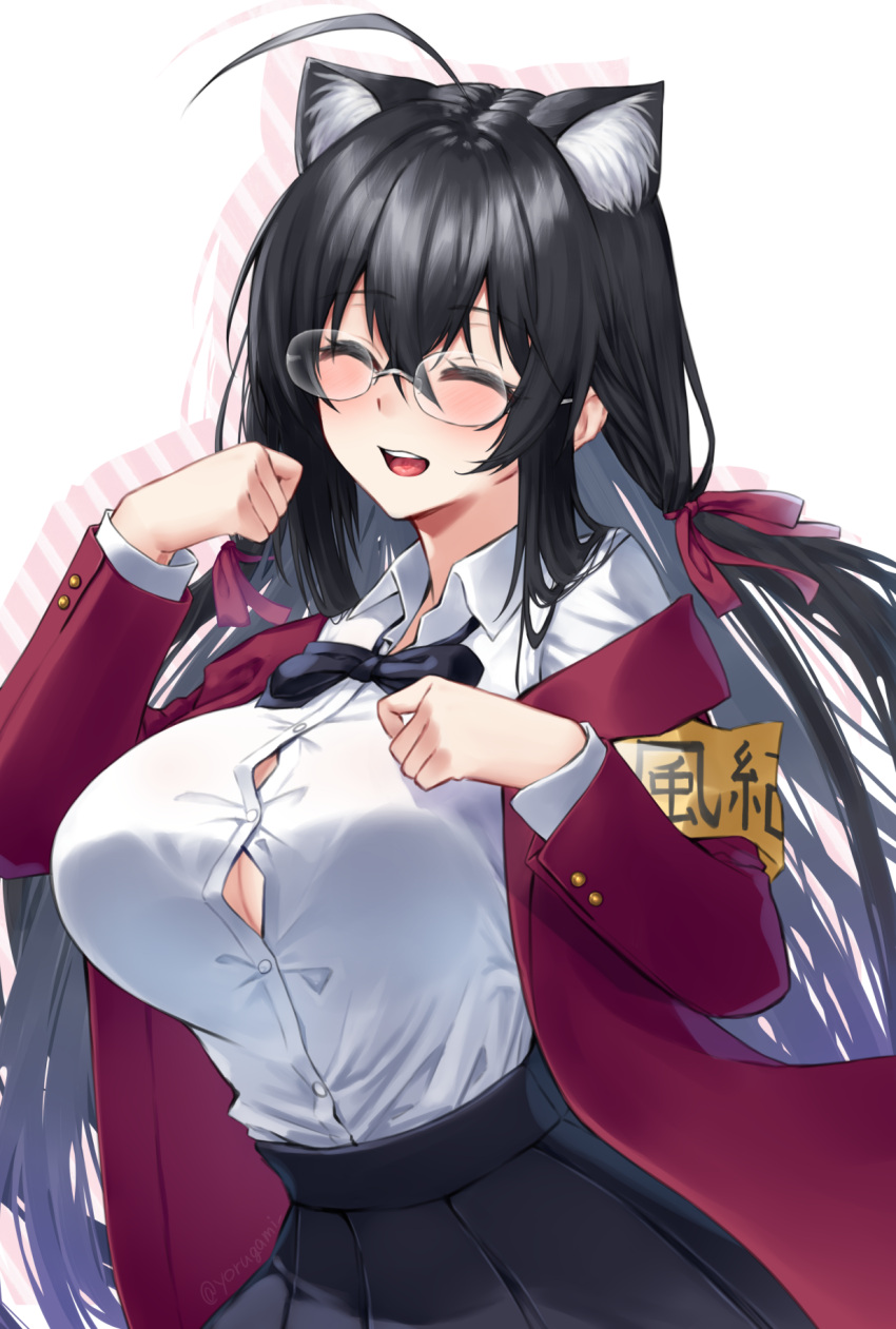1girl ^_^ ^o^ ahoge animal_ear_fluff animal_ears armband azur_lane bangs bespectacled black_bow black_bowtie black_hair black_skirt blush bow bowtie breasts button_gap cat_ears cleavage closed_eyes collared_shirt commentary cowboy_shot crossed_bangs dress_shirt drop_shadow glasses hair_between_eyes hair_ribbon happy highres huge_ahoge jacket kemonomimi_mode large_breasts long_hair long_sleeves looking_at_viewer off_shoulder official_alternate_costume open_clothes open_jacket open_mouth paw_pose pleated_skirt red_jacket red_ribbon ribbon rimless_eyewear shirt shirt_tucked_in simple_background skirt smile solo taihou_(azur_lane) taihou_(sweet_time_after_school)_(azur_lane) very_long_hair white_background white_shirt wing_collar yorugami_rei