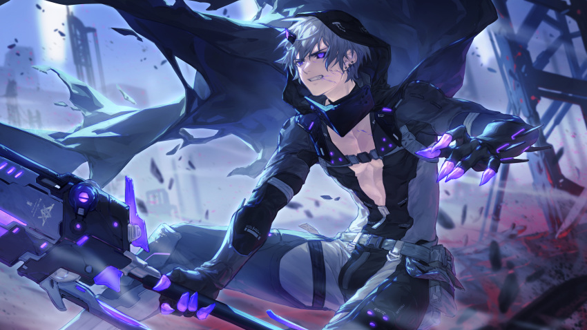 1boy absurdres arsh_(thestarwish) belt broken_horn camu_(punishing:_gray_raven) cape claws debris earrings fang glowing grey_hair highres holding holding_sword holding_weapon hood horns jewelry mask mechanical_arms muscular muscular_male official_art punishing:_gray_raven purple_hair scar single_horn sword weapon