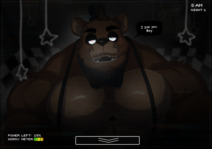 2022 anthro biceps big_muscles body_hair bow_tie brown_body brown_fur camera_view chest_hair clothing dark dialogue digital_media_(artwork) english_text five_nights_at_freddy's flufflecraft freddy_(fnaf) fur hairy hat headgear headwear hi_res huge_muscles inside male mammal muscular muscular_anthro muscular_male open_mouth open_smile pecs scottgames security_camera smile solo speech_bubble suspenders tan_body tan_fur teeth text top_hat ursid video_games