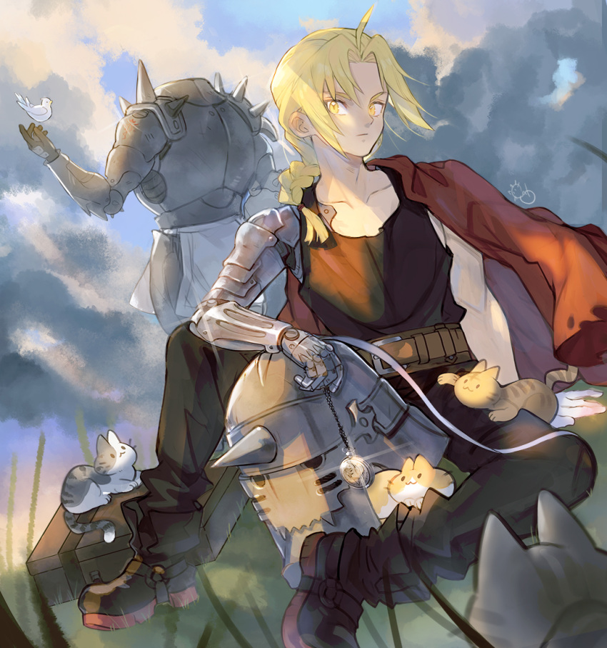 2boys ahoge alpaca_carlesi alphonse_elric armor bangs belt bird bird_on_hand black_footwear black_pants black_shirt blonde_hair blurry blurry_foreground braid brothers brown_belt cat cloud cloudy_sky edward_elric facing_away full_body fullmetal_alchemist grass hair_over_shoulder helmet holding holding_helmet jacket jacket_on_shoulders long_hair looking_at_viewer male_focus mechanical_arms multiple_boys multiple_cats outdoors pants parted_bangs plate_armor prosthesis prosthetic_arm red_jacket shirt siblings single_braid single_mechanical_arm sitting sky sleeveless sleeveless_shirt tank_top toned toned_male yellow_eyes