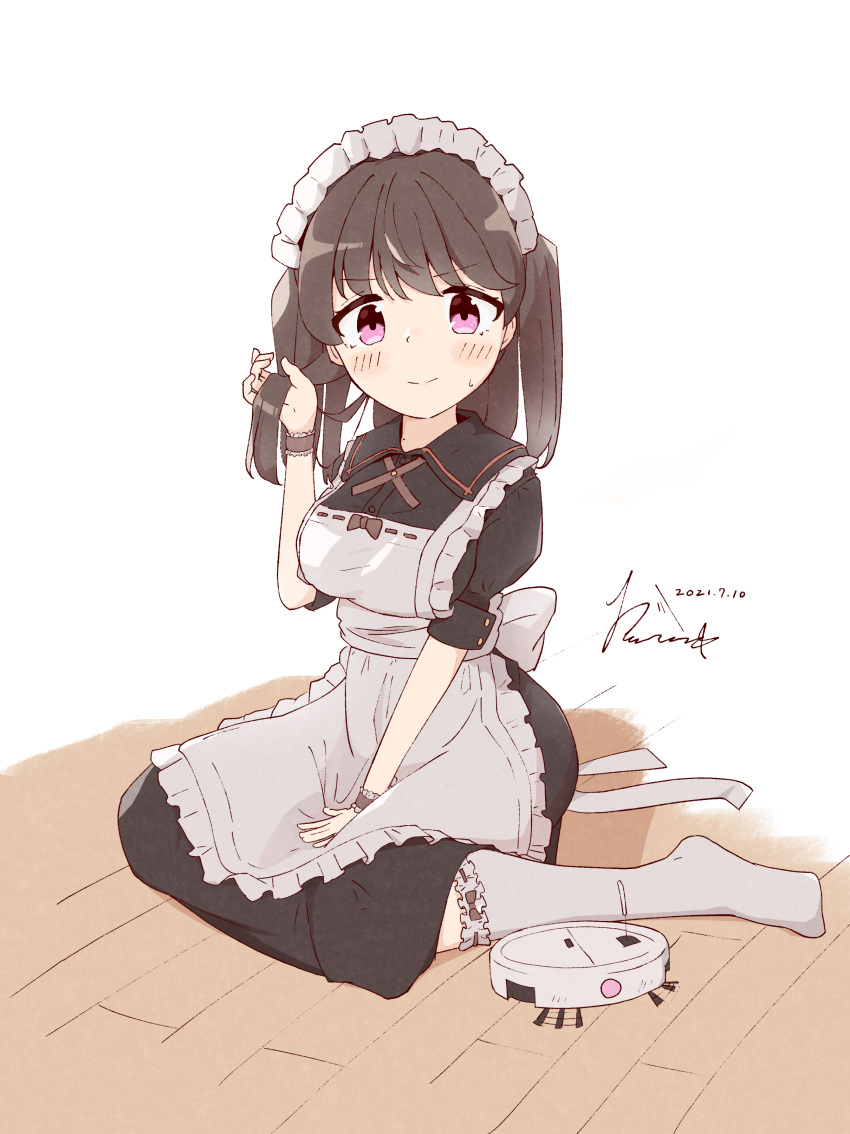 1girl absurdres apron black_eyes black_hair blush breasts closed_mouth frills highres holding holding_hair long_hair looking_at_viewer maid maid_apron maid_headdress medium_breasts multicolored_eyes original ouba_itsuki purple_eyes roomba signature sitting solo sweatdrop thighhighs wariza