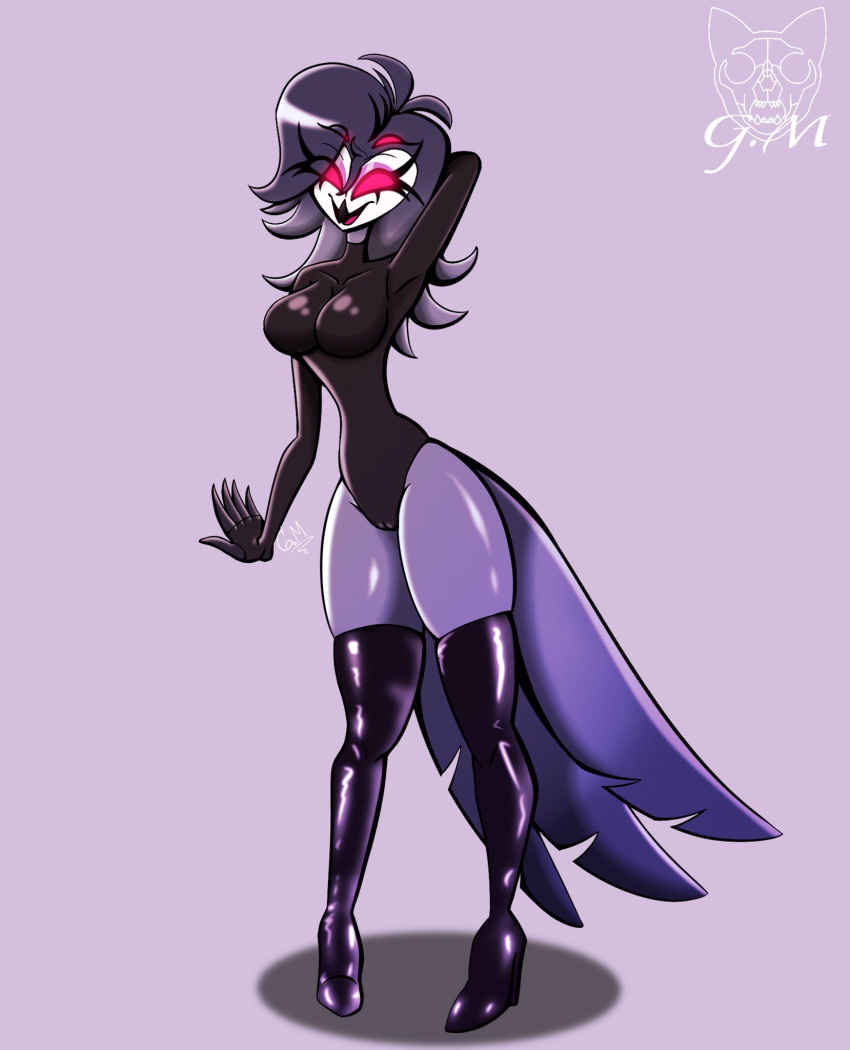 anthro avian beak big_butt bird breasts butt camel_toe claws clothed clothing crossgender demon eyelashes feathers female gatojack3 genital_outline helluva_boss hi_res mature_female multi_eye open_mouth open_smile owl owl_demon partially_clothed purple_body purple_feathers pussy_outline red_eyes simple_background smile solo stolas_(helluva_boss) thick_thighs tongue