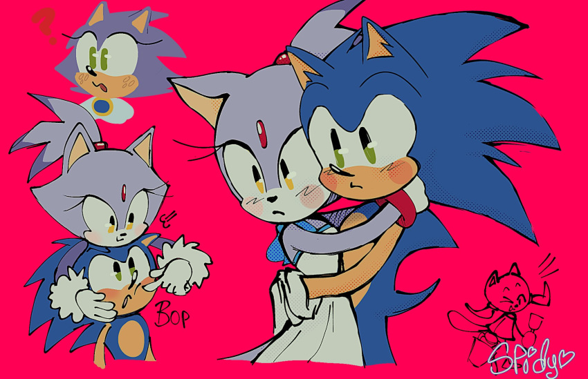 anthro bell blaze_the_cat blue_body blush clothed clothing domestic_cat embrace eulipotyphlan fan_character felid feline felis female gloves green_eyes group handwear hedgehog hi_res hug love male male/female mammal purple_body sega simple_background sonic_the_hedgehog sonic_the_hedgehog_(series) spidercheetos surprised_expression text touching_cheek yellow_eyes