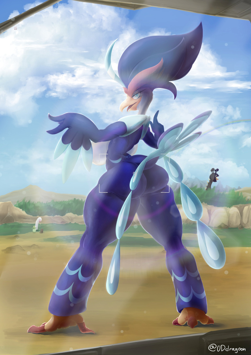 2022 absurd_res anthro avian beak big_butt bird blue_body blue_feathers butt camera_view feathers female generation_9_pokemon hi_res looking_at_viewer looking_back nintendo pokemon pokemon_(species) pompadour quaquaval solo thick_thighs uddragoon video_games