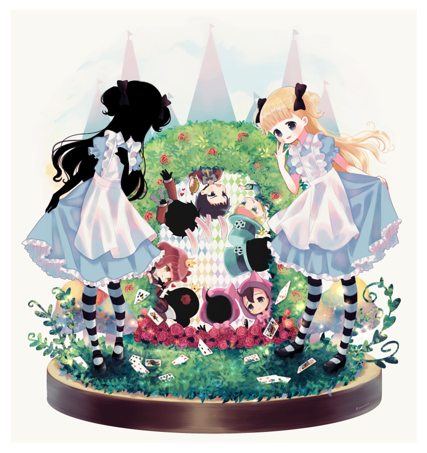 4boys 6+girls absurdres alice_(alice_in_wonderland) alice_(alice_in_wonderland)_(cosplay) alice_in_wonderland animal_ears apron bangs black_bow black_hair black_skin blonde_hair blue_dress blue_eyes blunt_bangs blush bow card cheshire_cat_(alice_in_wonderland) chibi colored_skin cosplay crown dress emilico_(shadows_house) frills full_body grass hair_bow hairband hat highres john_(shadows_house) kate_(shadows_house) kohori long_hair lou_(shadows_house) louise_(shadows_house) mad_hatter_(alice_in_wonderland) mad_hatter_(alice_in_wonderland)_(cosplay) multiple_boys multiple_girls patrick_(shadows_house) pocket_watch puffy_sleeves queen_of_hearts_(alice_in_wonderland) queen_of_hearts_(alice_in_wonderland)_(cosplay) rabbit_ears ram_(shadows_house) red_hair ribbon ricky_(shadows_house) shadow_(shadows_house) shadows_house shaun_(shadows_house) shirley_(shadows_house) shoes short_hair short_sleeves smile standing striped thighhighs top_hat two_side_up watch white_apron white_rabbit_(alice_in_wonderland) white_rabbit_(alice_in_wonderland)_(cosplay)