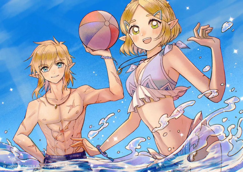 1boy 1girl abs alternate_costume ball beachball bikini blonde_hair blue_eyes breasts frilled_bikini frills from_below hair_ornament hairclip highres holding holding_ball holding_beachball jewelry link looking_at_viewer looking_back male_swimwear medium_breasts mouyi multiple_scars navel necklace partially_submerged pink_bikini pointy_ears princess_zelda ring_necklace scar short_hair swim_trunks swimsuit the_legend_of_zelda the_legend_of_zelda:_breath_of_the_wild water watermark yellow_eyes