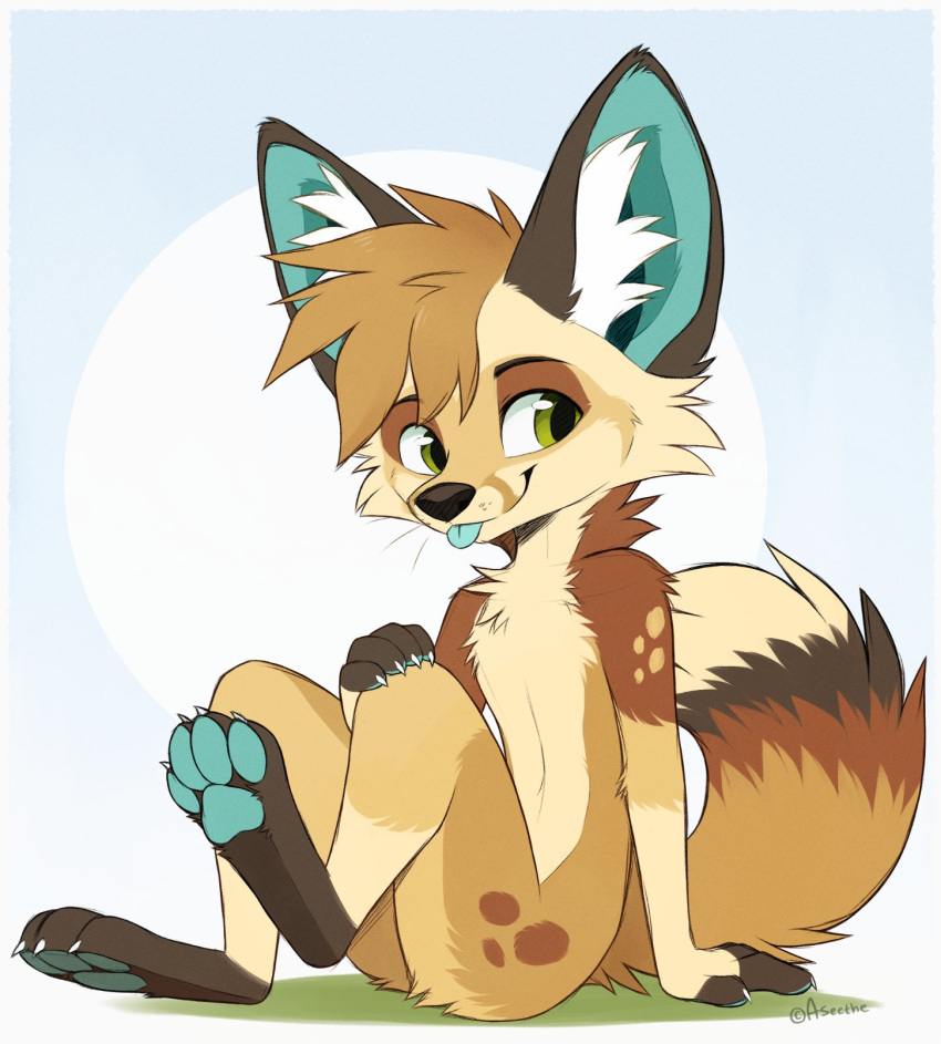 2022 4_toes 5_fingers anthro aseethe canid canine claws digital_media_(artwork) eyebrows eyelashes feet fingers fox fur green_eyes hair hi_res inner_ear_fluff male mammal pawpads paws smile solo toe_claws toes tuft white_hair