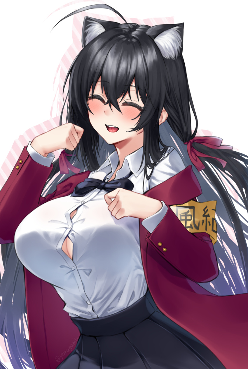 1girl ^_^ ^o^ ahoge animal_ear_fluff animal_ears armband azur_lane bangs black_bow black_bowtie black_hair black_skirt blush bow bowtie breasts button_gap cat_ears cleavage closed_eyes collared_shirt commentary cowboy_shot crossed_bangs dress_shirt drop_shadow hair_between_eyes hair_ribbon happy highres huge_ahoge jacket kemonomimi_mode large_breasts long_hair long_sleeves looking_at_viewer off_shoulder official_alternate_costume open_clothes open_jacket open_mouth paw_pose pleated_skirt red_jacket red_ribbon ribbon shirt shirt_tucked_in simple_background skirt smile solo taihou_(azur_lane) taihou_(sweet_time_after_school)_(azur_lane) very_long_hair white_background white_shirt wing_collar yorugami_rei