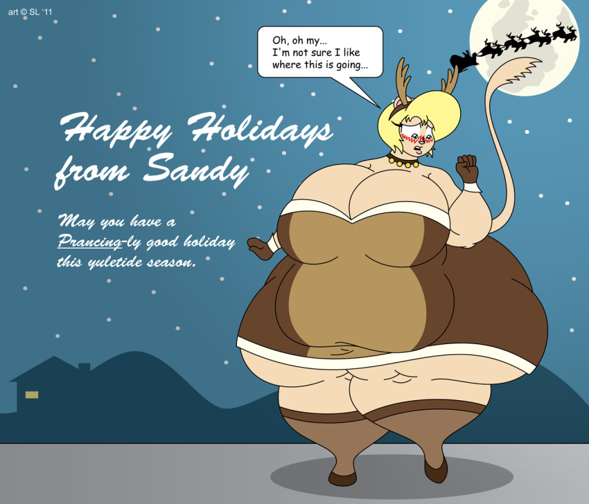 &copy; 2011 anthro antler_headband bell belly big_belly big_breasts big_butt blonde_hair blush breasts butt christmas clothing dress english_text female footwear gerbil gloves hair handwear holidays huge_breasts huge_thighs legwear mammal moon murid obese obese_anthro obese_female open_mouth overweight overweight_anthro overweight_female rodent sandy_(satsumalord) satsumalord shoes snow solo speech_bubble stockings symbol text thick_thighs