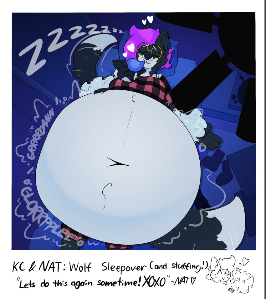 anthro belly belly_rub big_belly bloated bloated_stomach canid canine canis duo female hi_res kc_(kingcreep105) kingcreep105 love male male/female mammal nat_(kingcreep105) organs photo size_difference sleeping stomach stuffing wolf