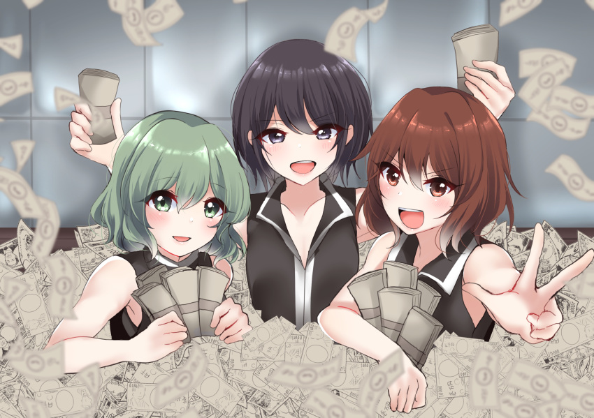 3others androgynous black_eyes black_hair black_shirt green_eyes green_hair highres holding holding_money len'en looking_at_viewer money multiple_others no_headwear open_mouth ougi_hina red_eyes red_hair shirt shitodo_aoji shitodo_hooaka shitodo_kuroji short_hair siblings sleeveless sleeveless_shirt smile v