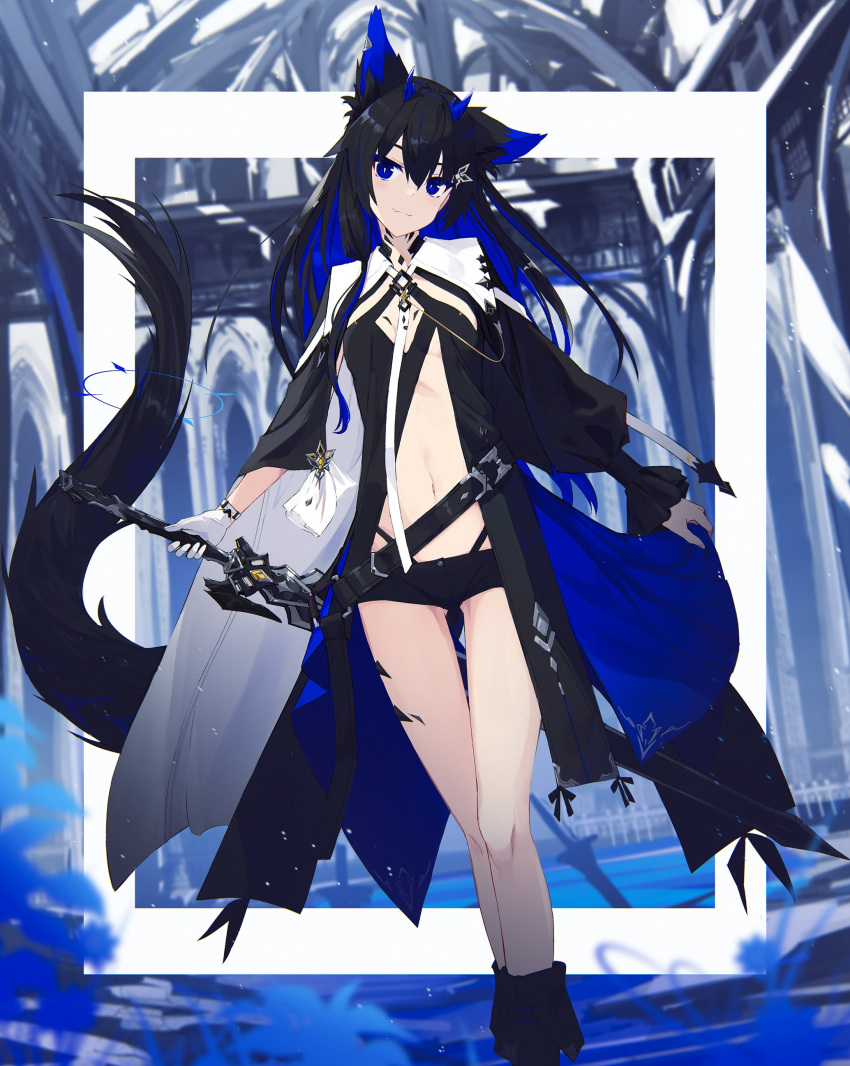 1girl absurdres animal_ear_fluff animal_ears bangs belt belt_buckle black_belt black_coat black_footwear black_hair black_sleeves blue_hair blurry blurry_background boots breasts buckle cathedral cleavage clothing_cutout coat ear_ornament earclip extra_ears fangs feet_out_of_frame fox_ears fox_girl fox_tail gloves hair_ornament hairclip highres holding holding_sword holding_weapon horns leg_tattoo long_hair long_sleeves long_tail looking_at_viewer midriff multicolored_hair nagishiro_mito navel original overcoat puffy_long_sleeves puffy_sleeves short_shorts shorts sidelocks single_glove single_sleeve skin_fangs sleeves_past_wrists small_horns smile solo stomach sword tail tattoo underboob_cutout weapon white_gloves